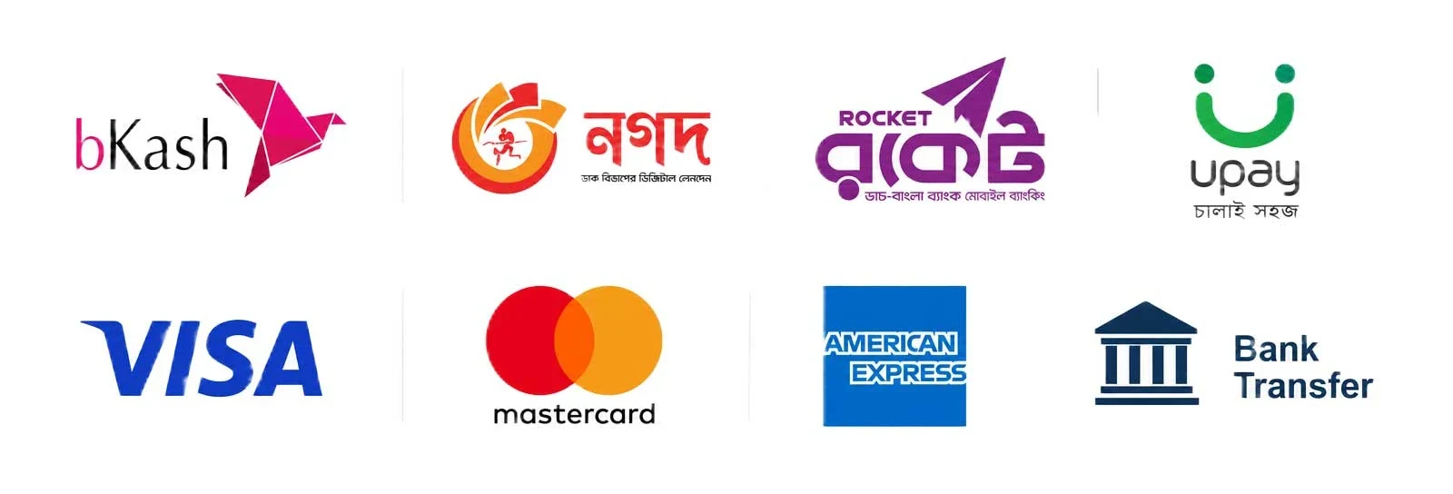 Accepted payment methods: bKash, Nagad, Rocket, Upay, Visa, Mastercard, American Express and Bank Transfer