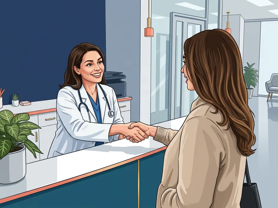 Illustration of a doctor welcoming a patient at a clinic