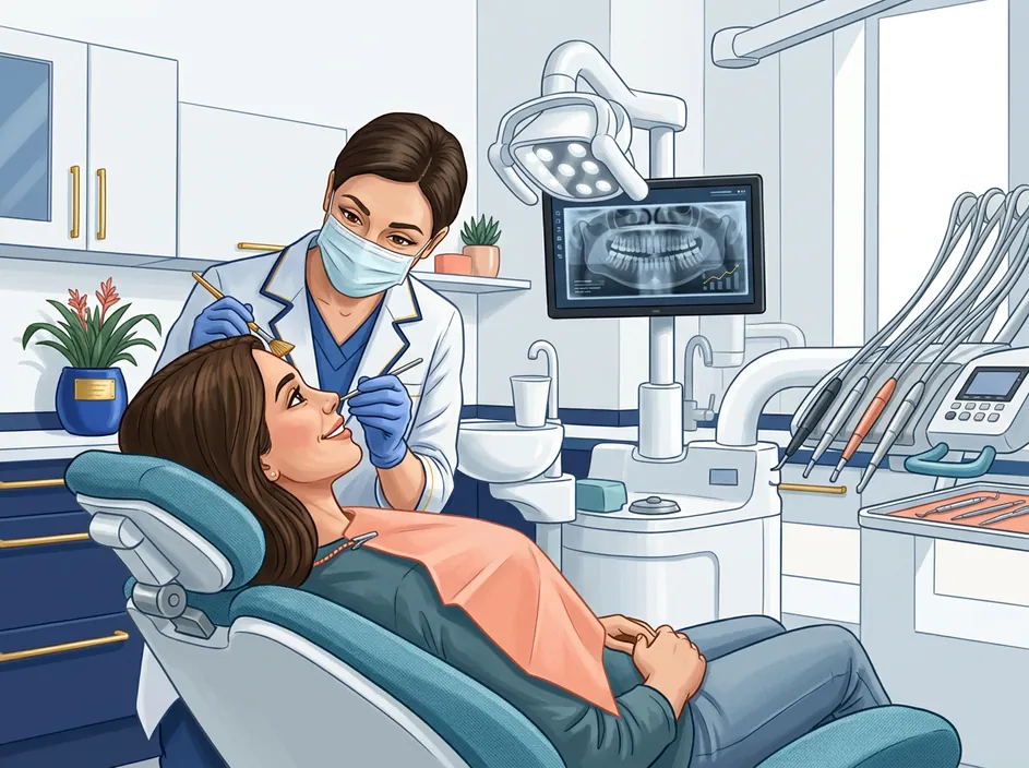 Illustration of a dentist caring for a patient