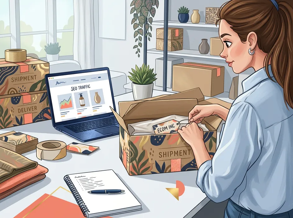 Illustration of an online store owner packing customer orders