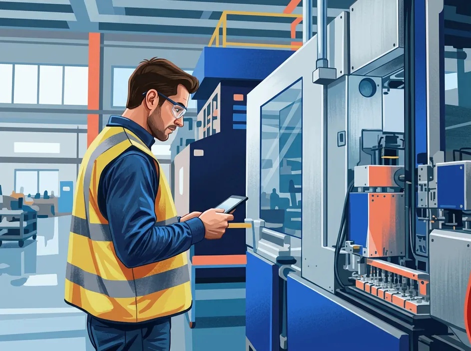 Illustration of an engineer inspecting factory machinery