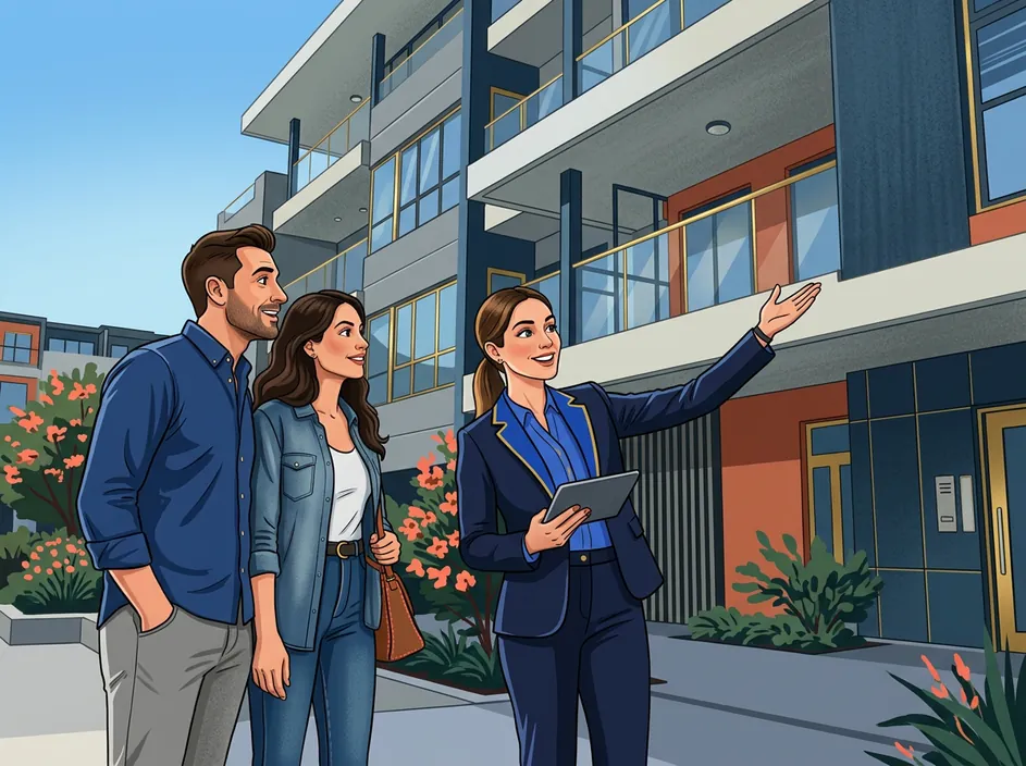 Illustration of a property agent showing an apartment building