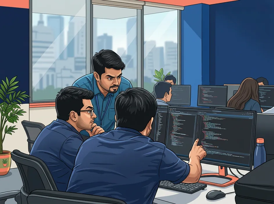 Illustration of software developers collaborating around code